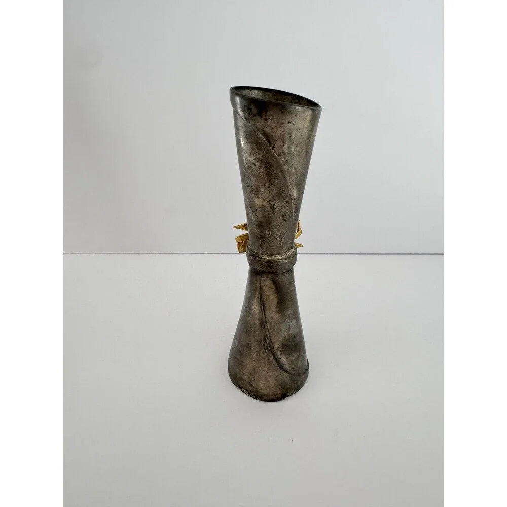 Vintage Metal Silver Flower Vase With Gold Plated Bow 7”